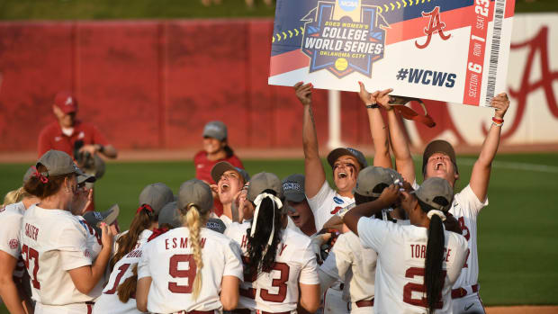 Alabama players celebrate Sunday, May 28, 2023, at Rhoads Stadium in Tuscaloosa. Alabama advanced to the College World Series with a 3-2 win.